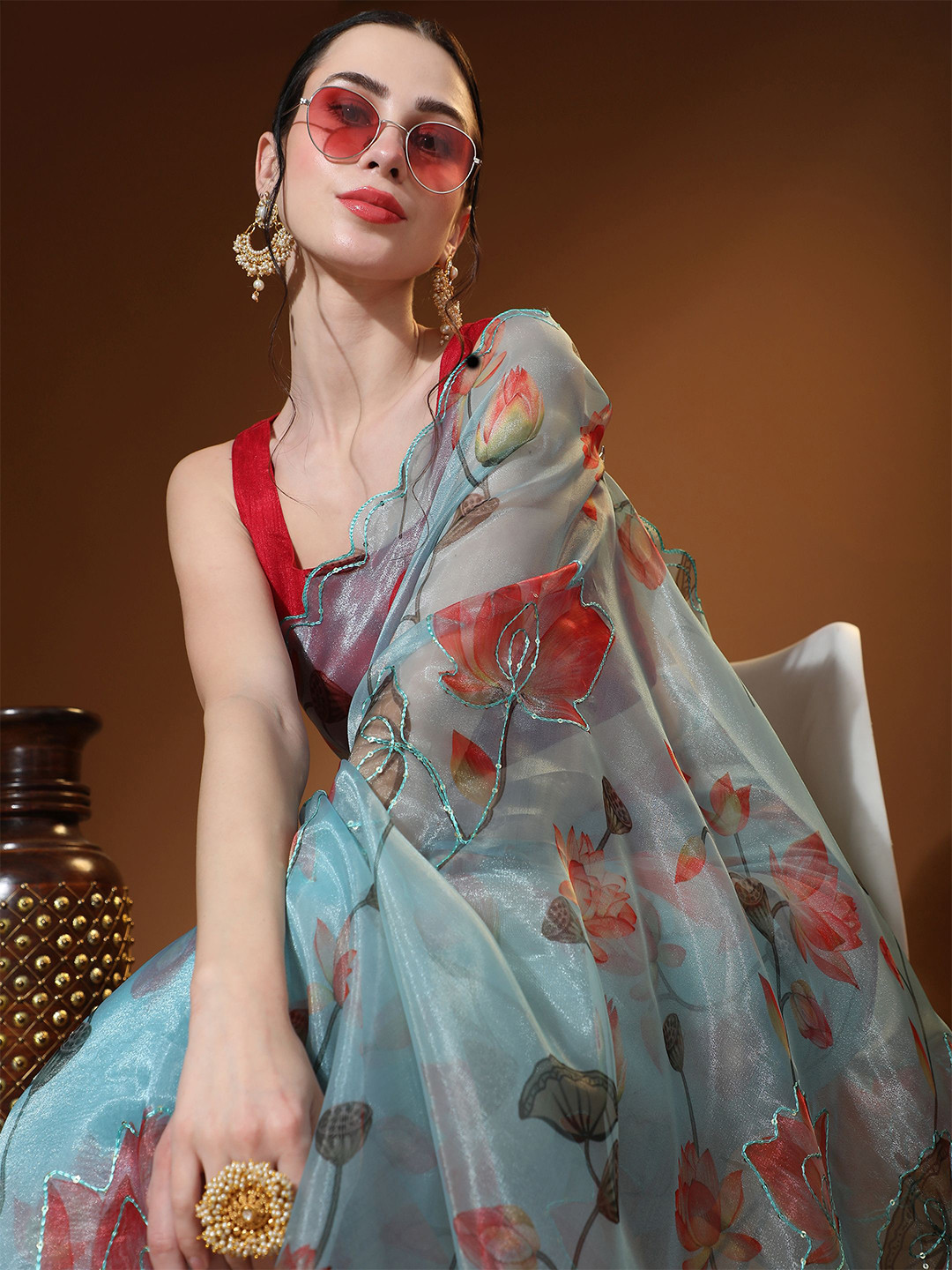 

Vastrasky Global Floral Printed Sequinned Organza Saree, Blue