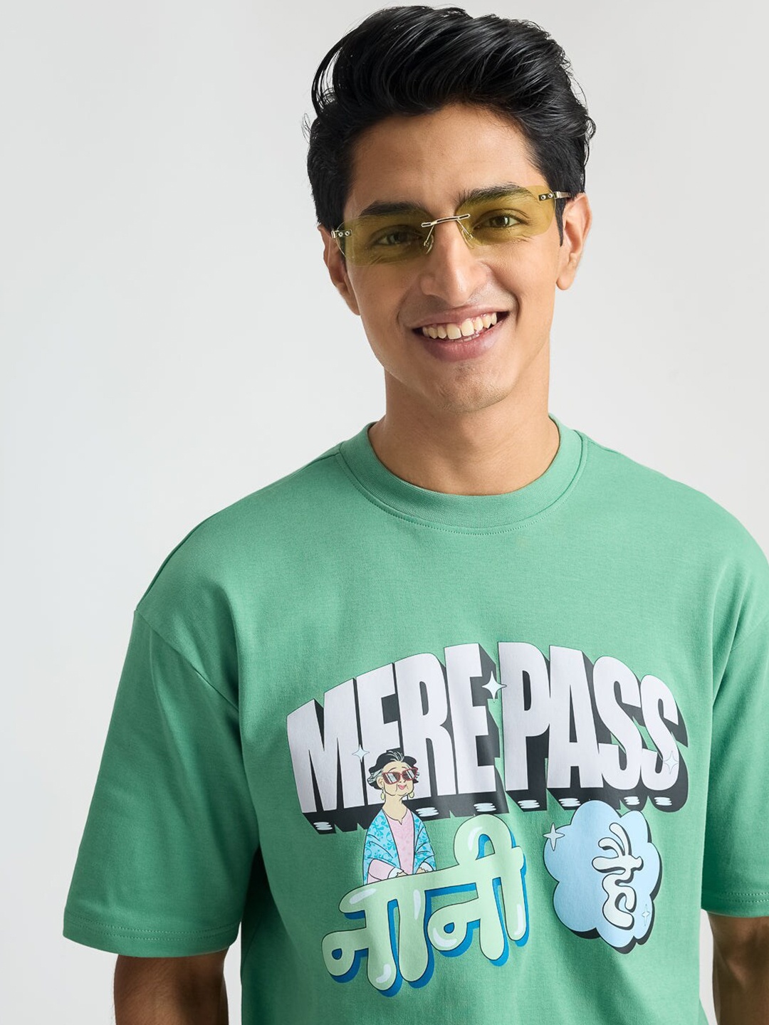 

FREAKINS Typography Printed Drop-Shoulder Sleeves Pure Cotton T-shirt, Green
