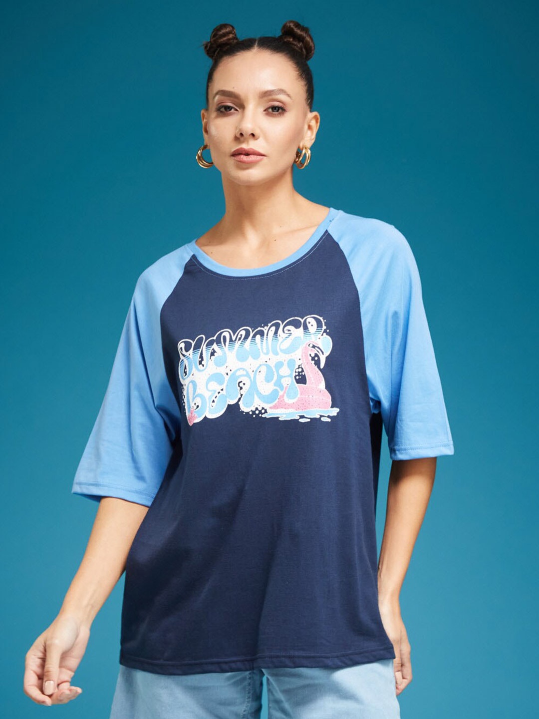 

SMARTEES Cotton Printed Oversized Tshirt, Blue
