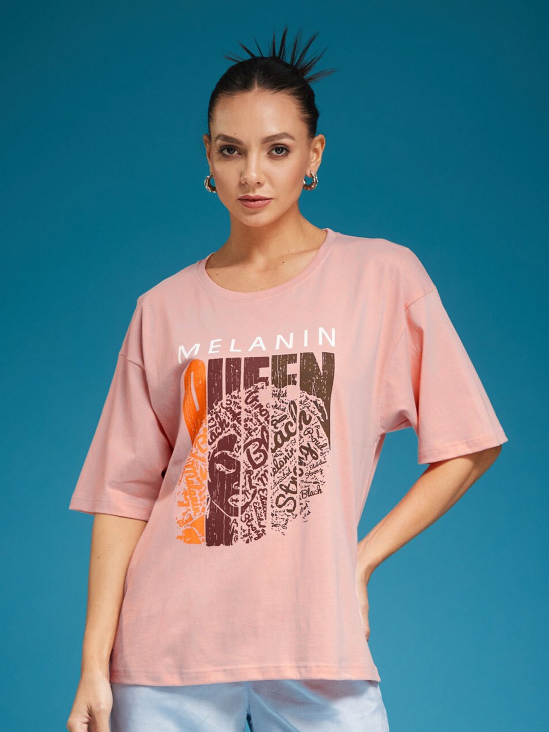 

SMARTEES Typography Printed Drop-Shoulder Sleeves Cotton Oversized T-shirt, Peach