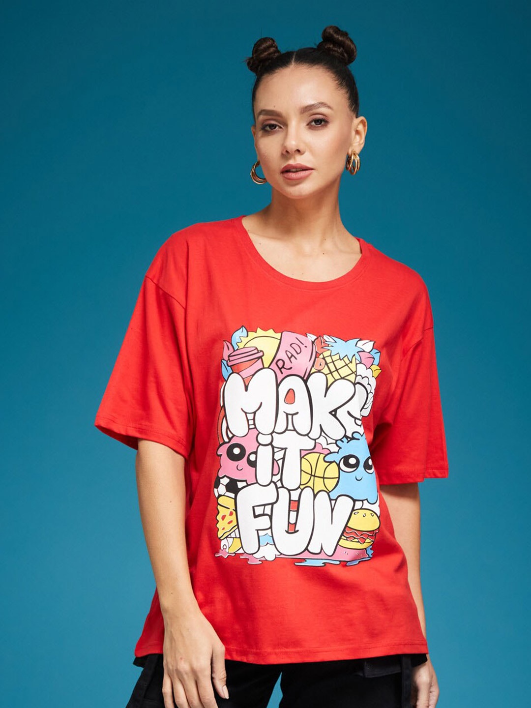 

SMARTEES Cotton Printed Oversized Tshirt, Red