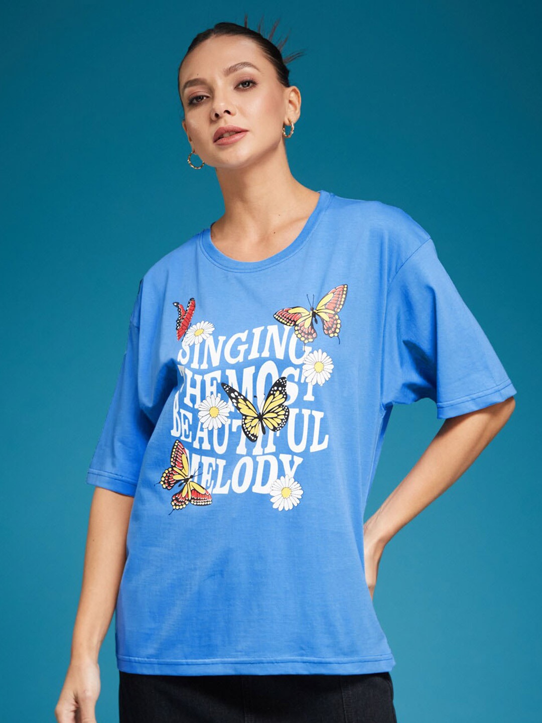 

SMARTEES Cotton Printed Oversized Tshirt, Blue