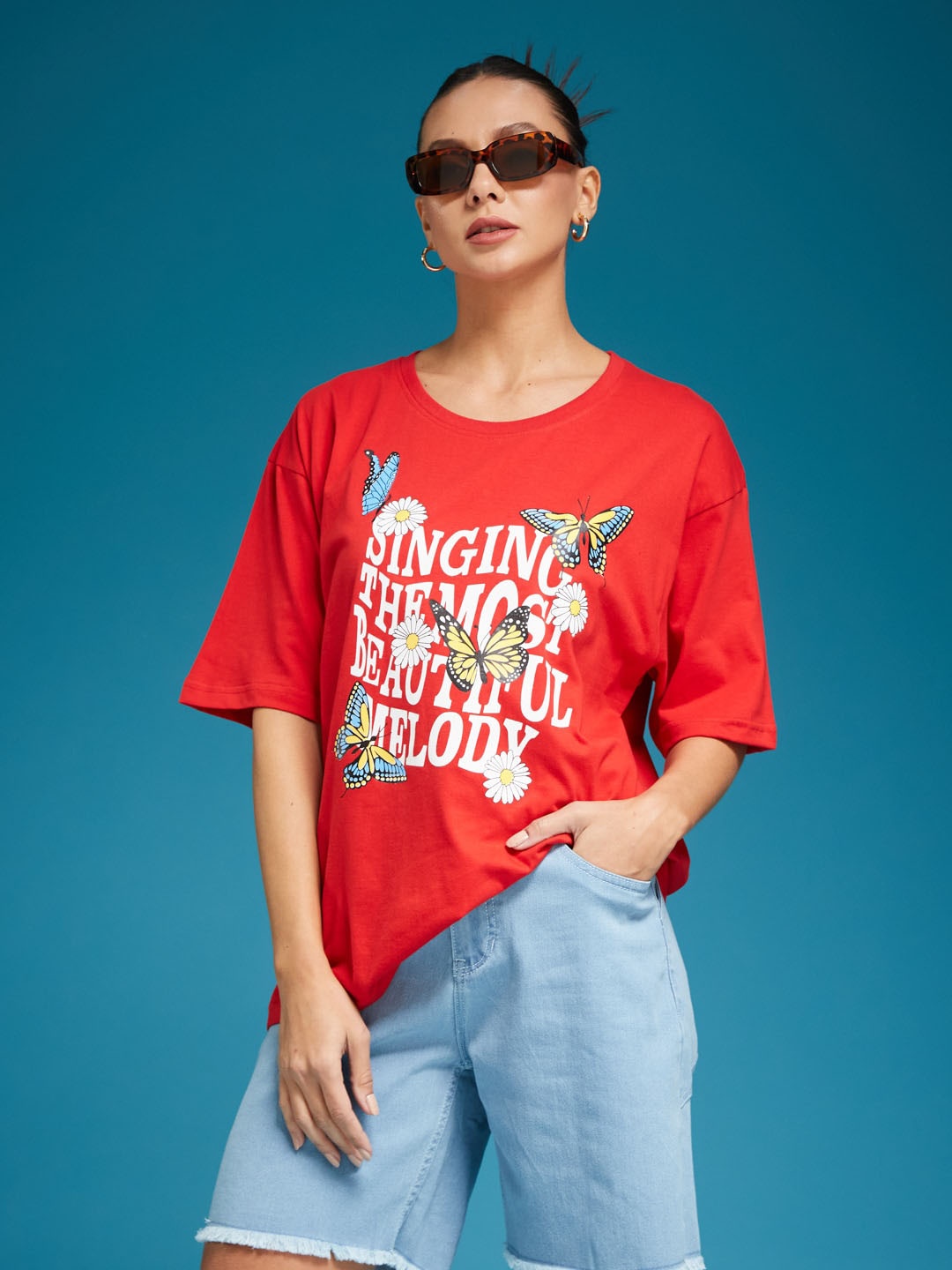

SMARTEES Typography Printed Drop-Shoulder Sleeves Cotton Oversized T-shirt, Red
