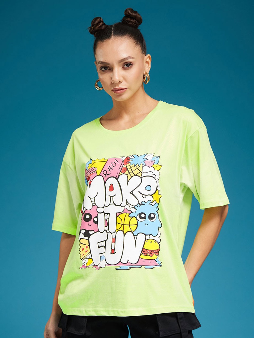 

SMARTEES Cotton Printed Oversized Tshirt, Green