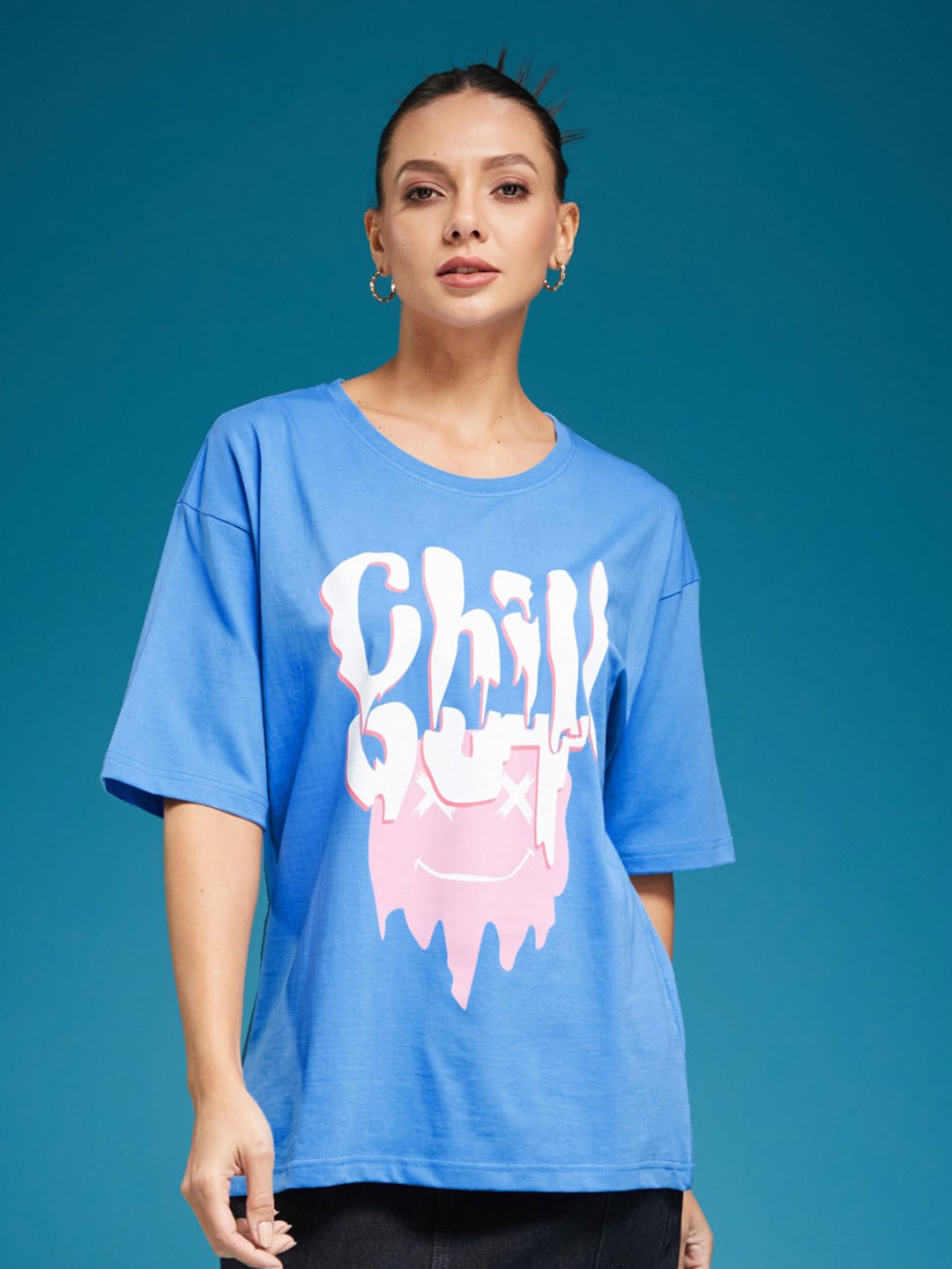 

SMARTEES Typography Printed Drop-Shoulder Sleeves Cotton Oversized T-shirt, Blue