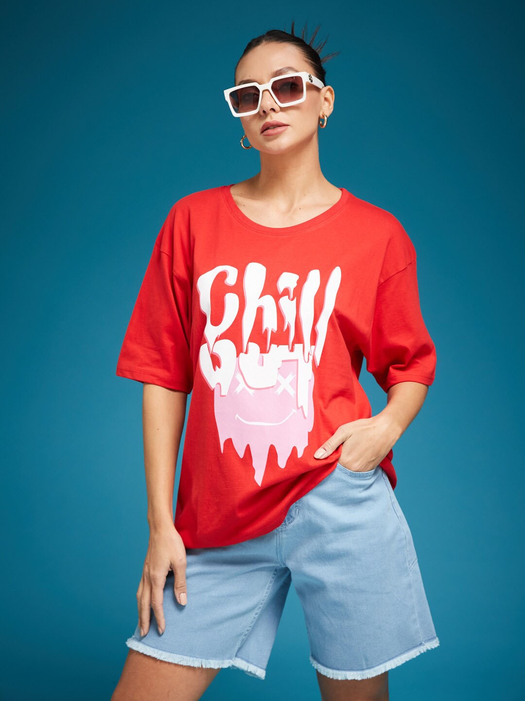 

SMARTEES Cotton Printed Oversized Tshirt, Red