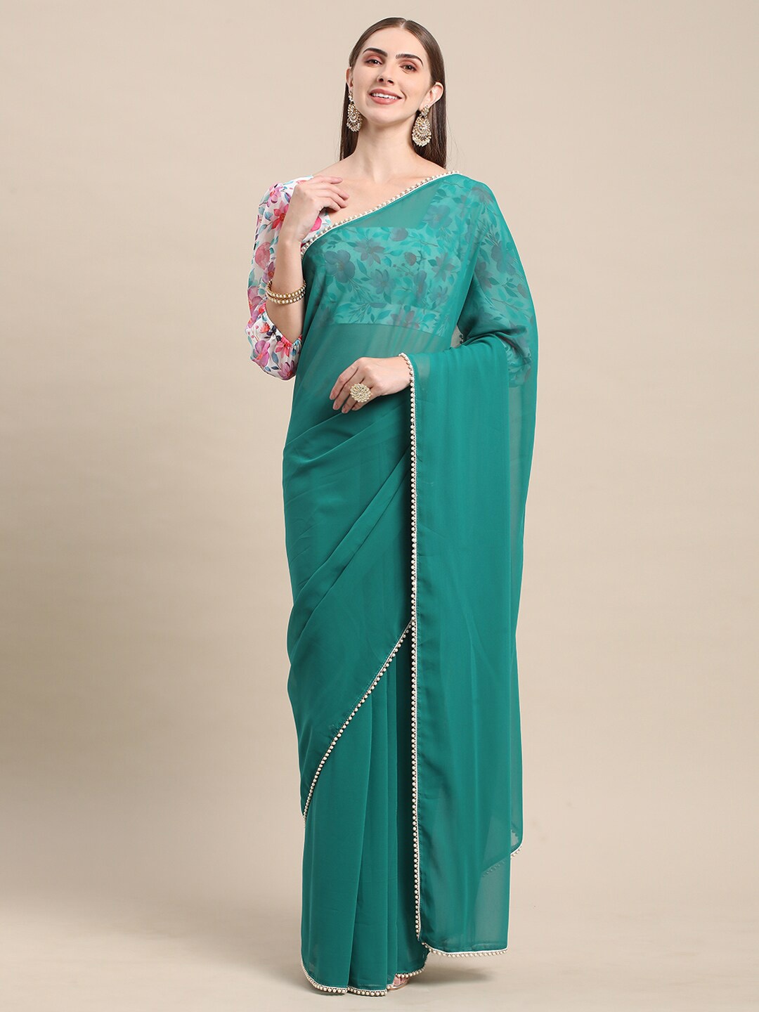 

BAPS Beads and Stones Pure Georgette Saree, Teal