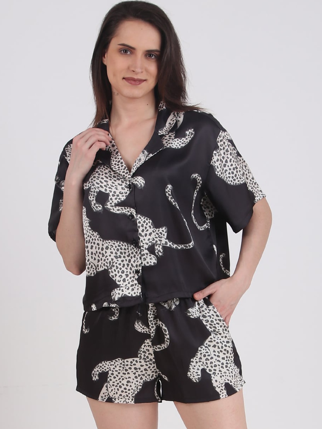 

Masha Black Printed Satin Night Suit