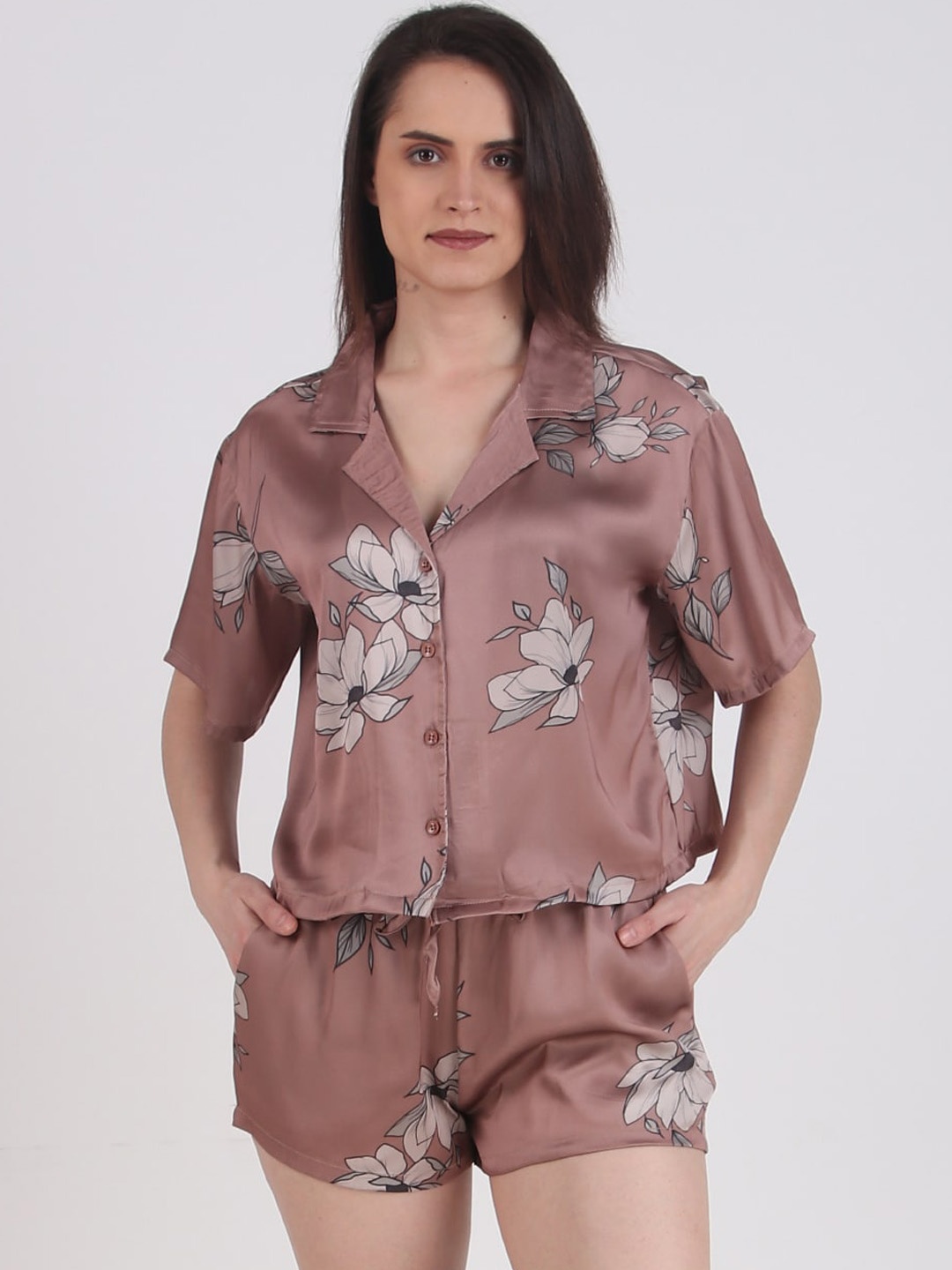 

Masha Brown Floral Printed Satin Night Suit