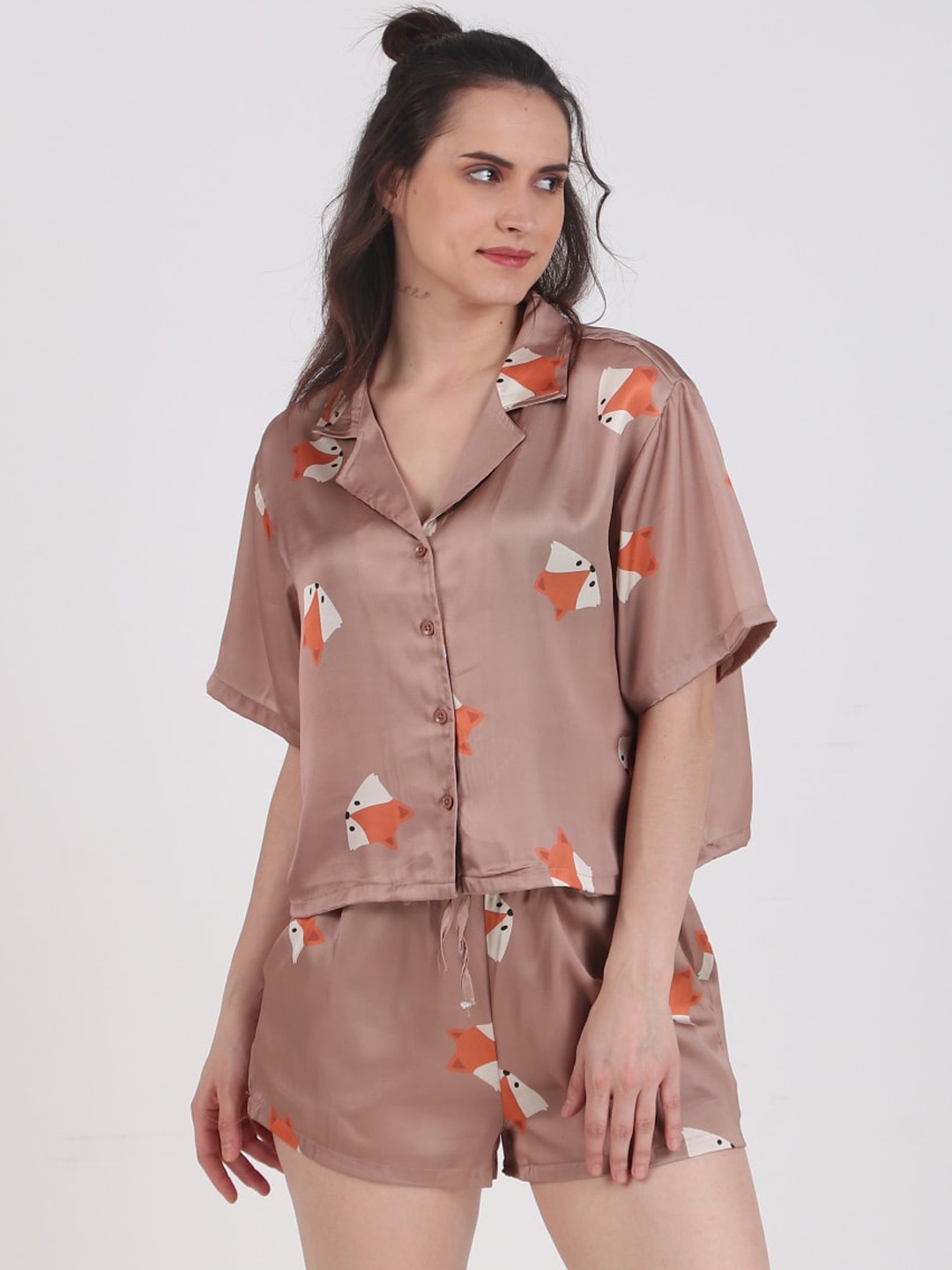 

Masha Brown Printed Satin Night Suit
