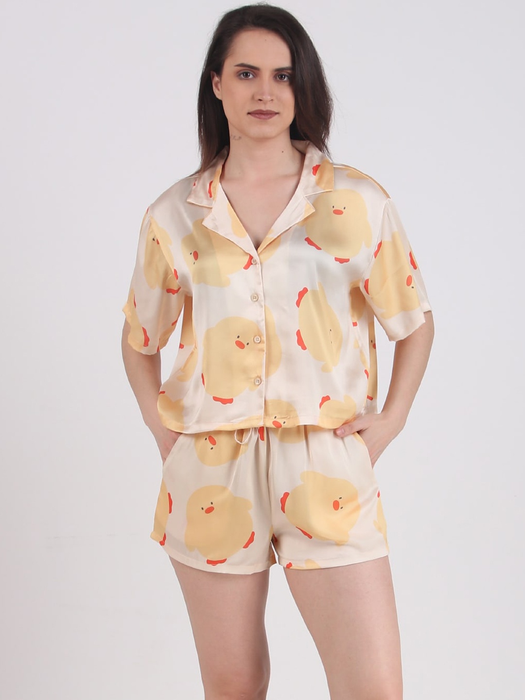 

Masha Yellow Printed Satin Night Suit