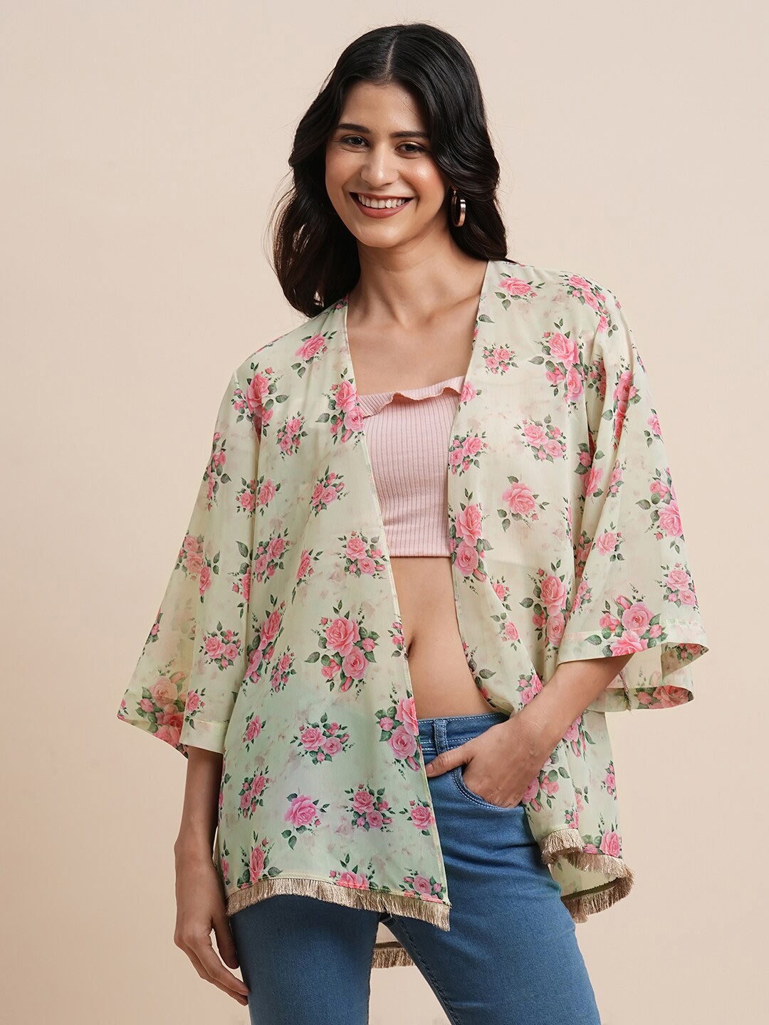 

BAPS Floral Printed Open Front Shrug, Cream