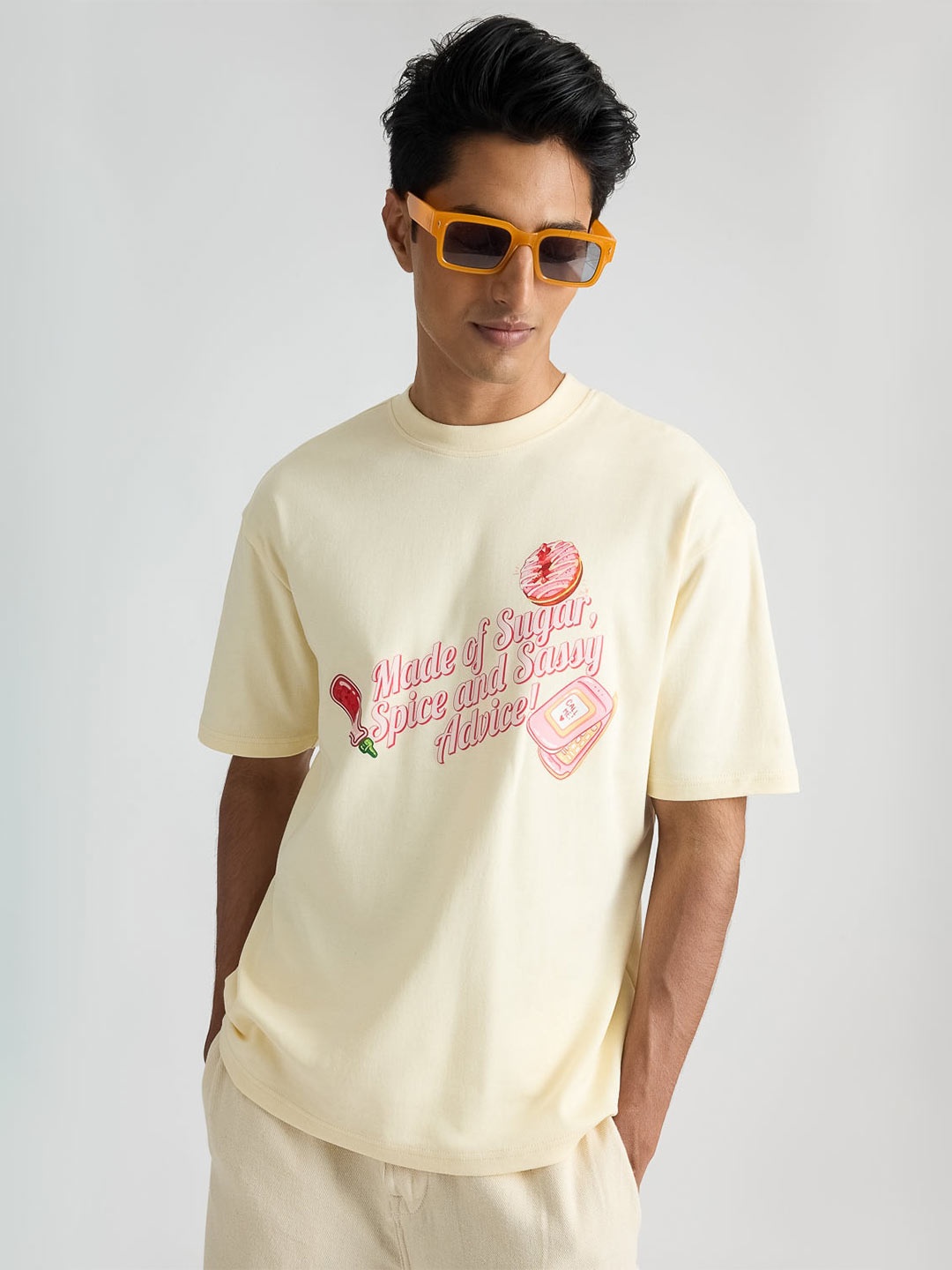 

FREAKINS Typography Printed Drop-Shoulder Sleeves Pure Cotton T-shirt, Yellow