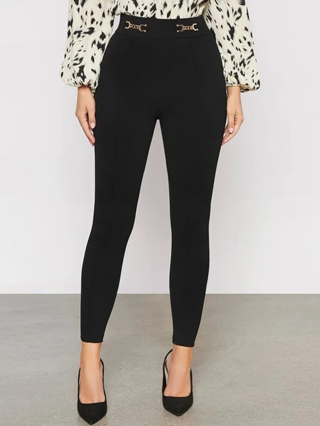

Stylecast X Slyck Women Comfort Fit Wrinkle Free Chain Detailing Trousers, Black