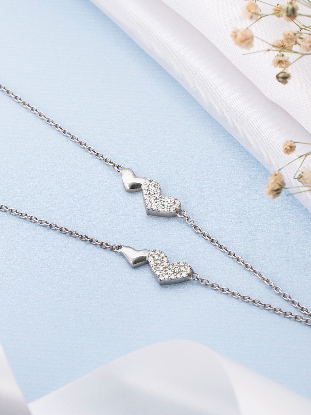 

Zavya Set Of 2 925 Pure Silver Cubic Zirconia Rhodium-Plated Link Bracelet