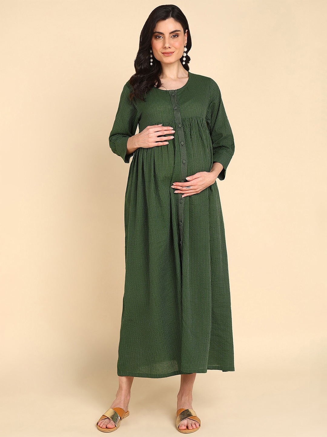 

House Of Zelena Striped Gathered Pure Cotton Maternity Fit & Flare Dress, Green