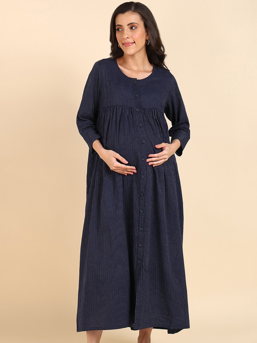 

House Of Zelena Striped Maternity Empire Midi Dress, Navy blue