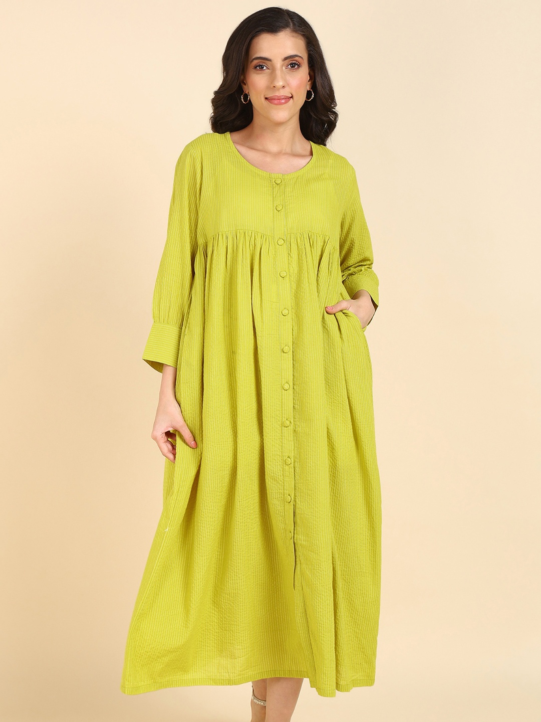 

House Of Zelena Striped Maternity Empire Midi Dress, Lime green