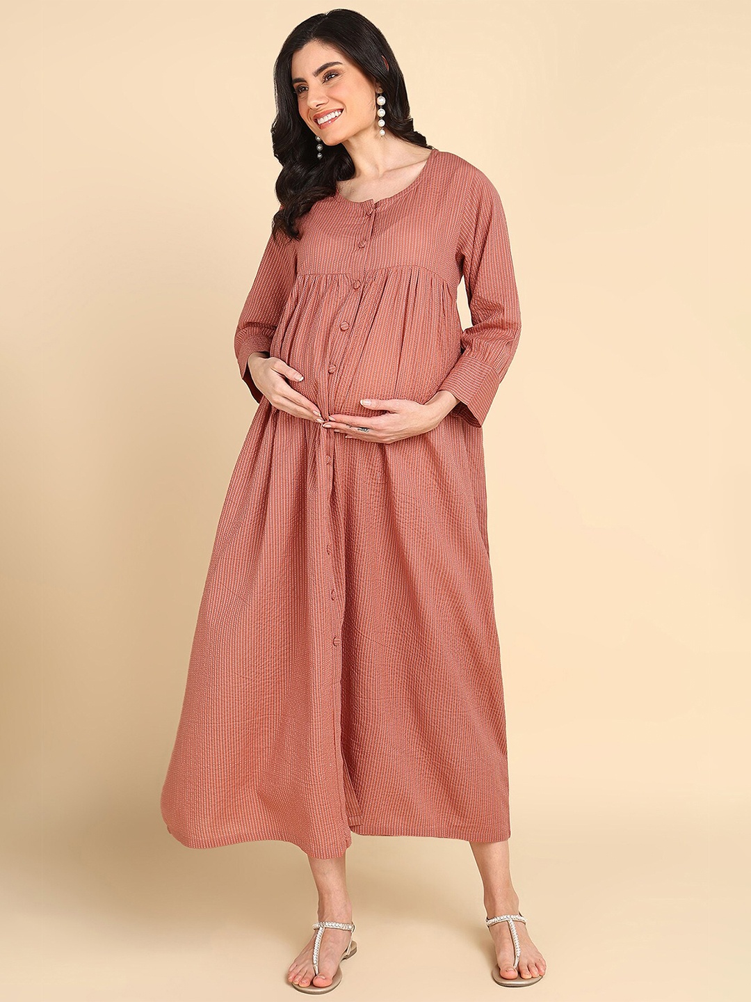

House Of Zelena Striped Maternity A-Line Cotton Maxi Dress, Brown
