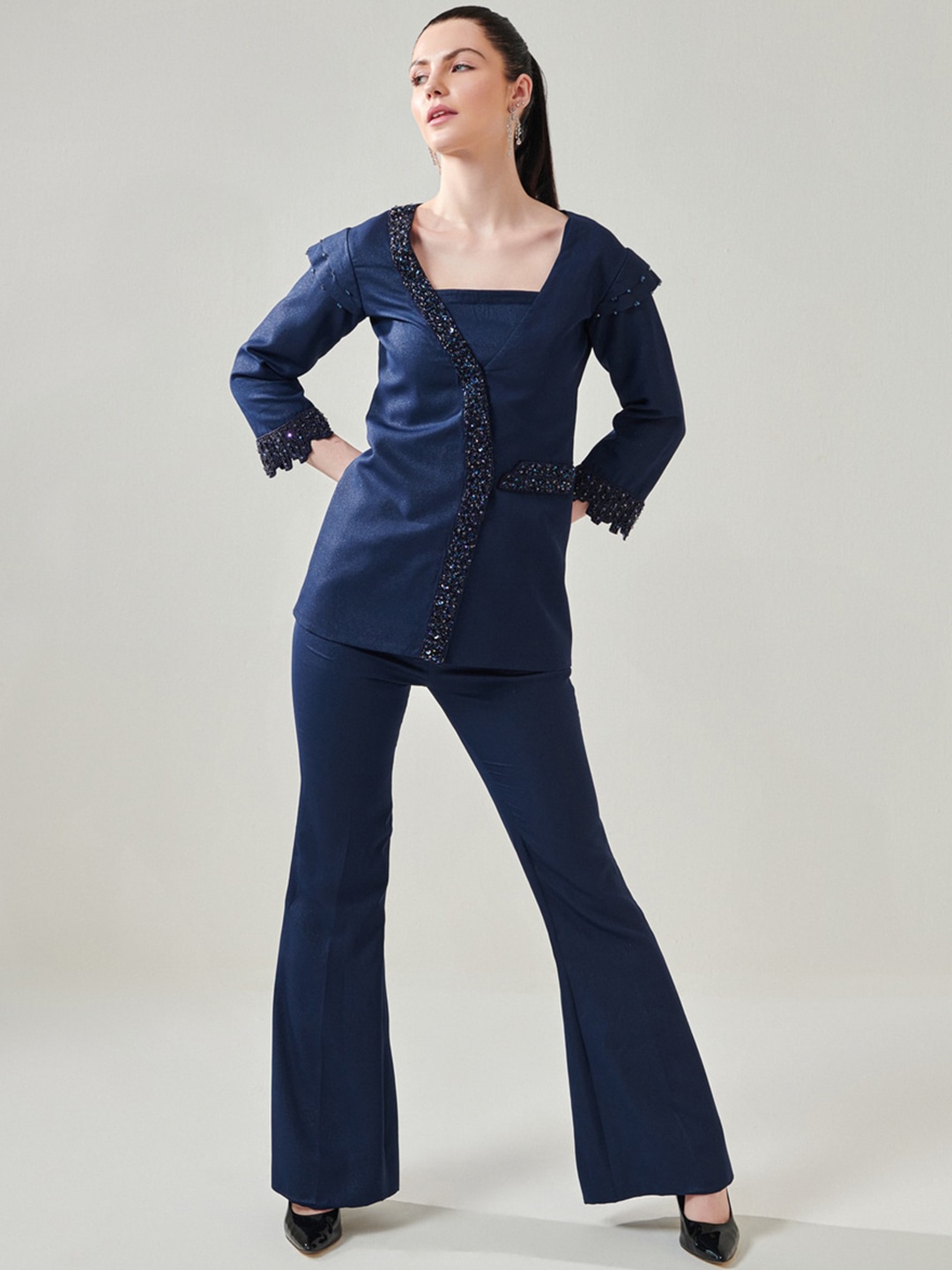 

ONE KNOT ONE Sleeveless Top & Embellished Blazer With Trouser, Blue