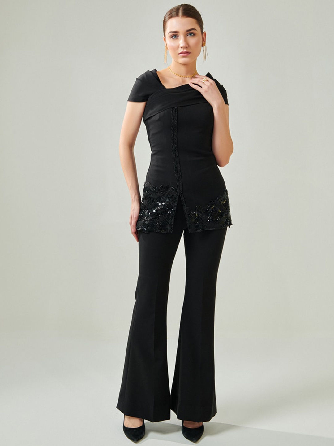 

ONE KNOT ONE Embellished Asymmetric Neck Top & Trouser, Black