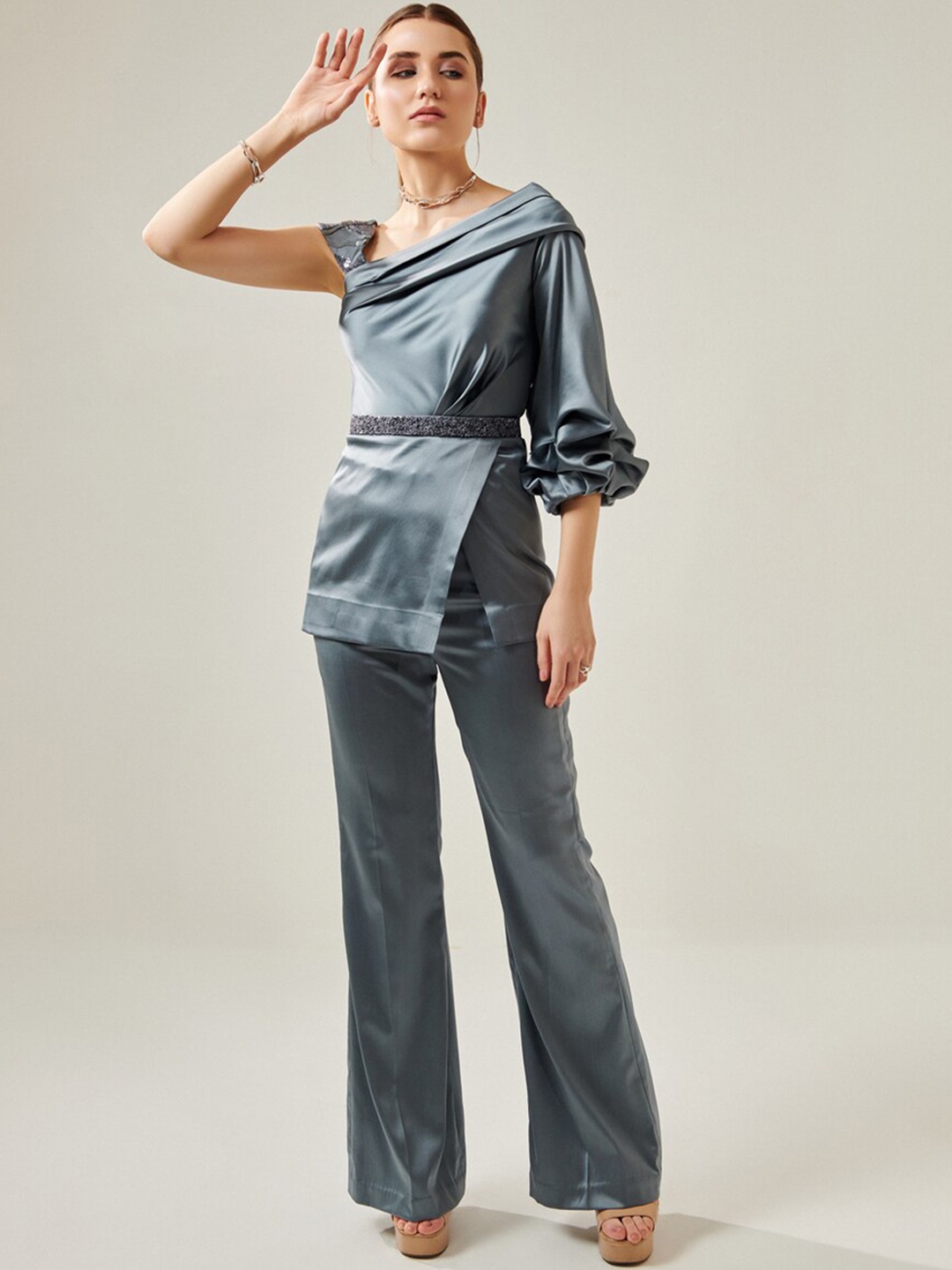 

ONE KNOT ONE Asymmetric Neck Top & Trouser With Embellished Belt, Grey