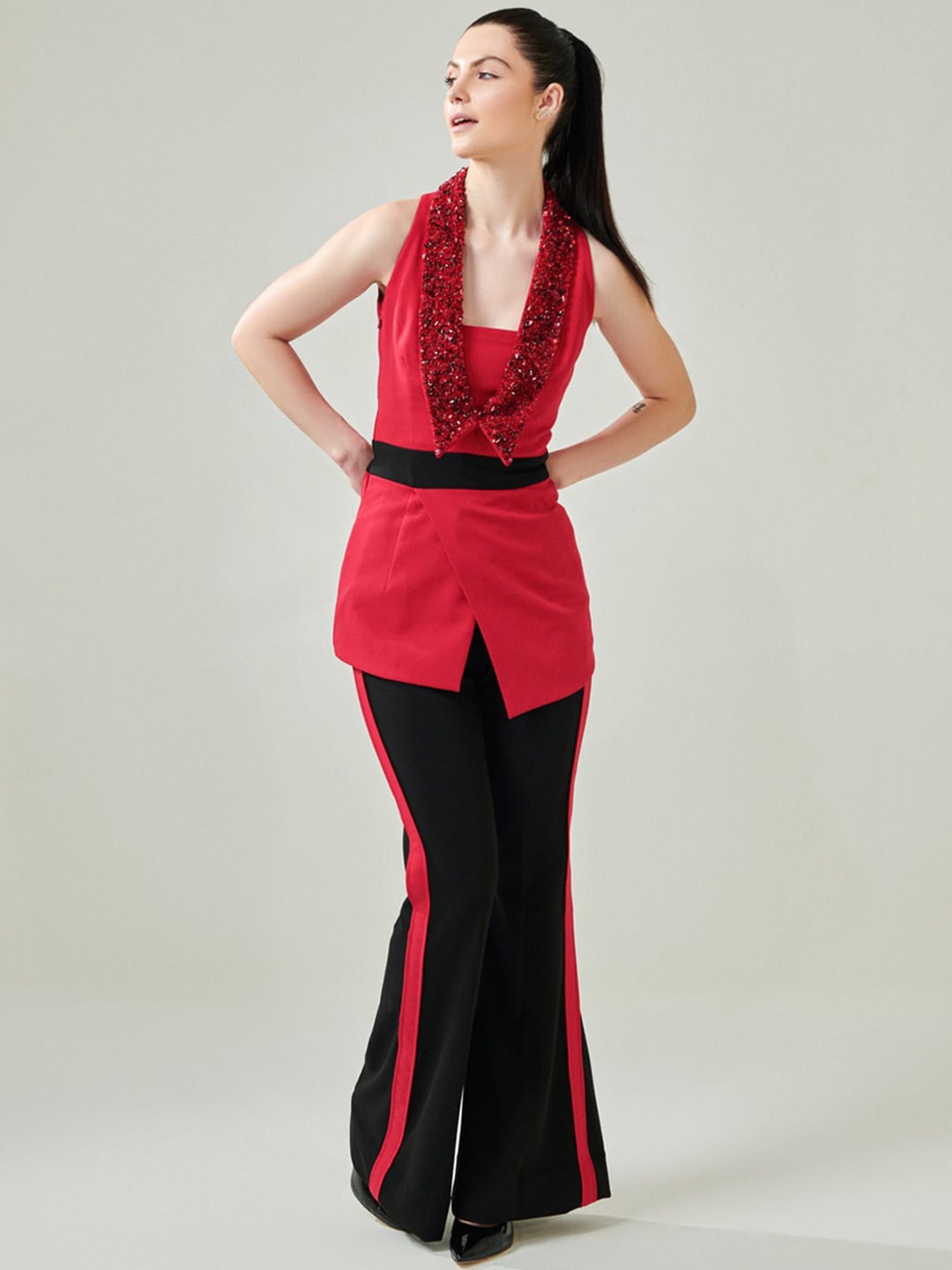 

ONE KNOT ONE Self Design Shawl Collar Neck Top & Flared Trouser & Belt, Red