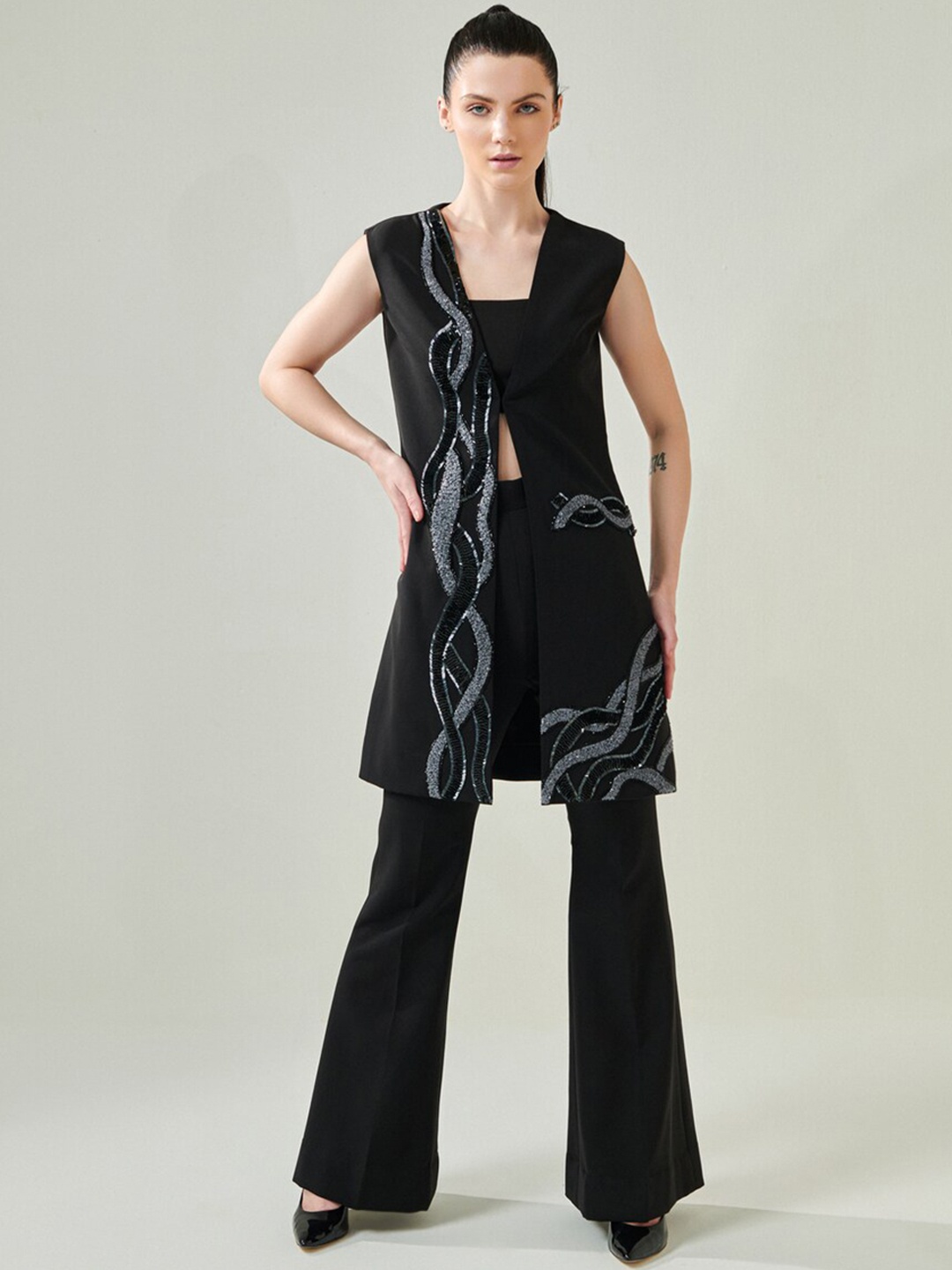 

ONE KNOT ONE Embroidered Square Neck Top & Flared Trouser & Blazer, Black