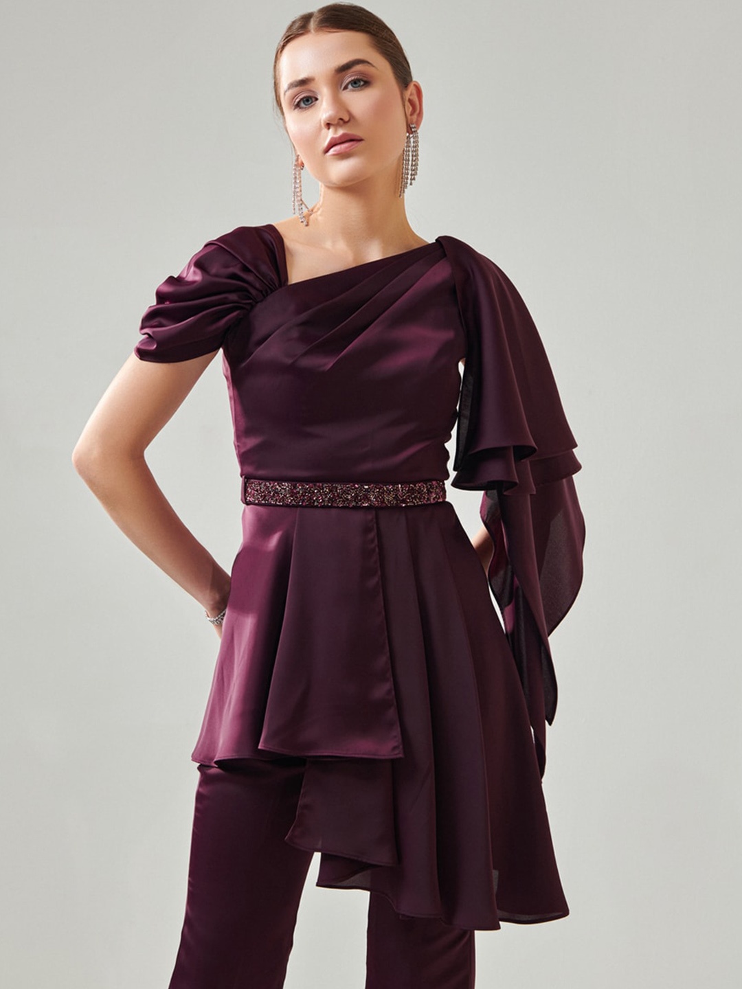 

ONE KNOT ONE Asymmetric Neck Top & Trouser With Embellished Belt, Maroon