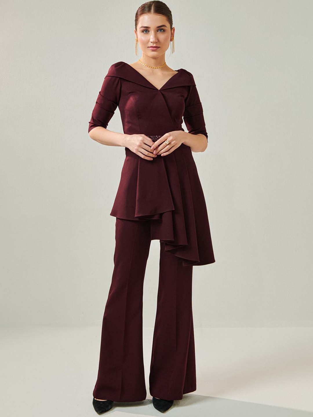 

ONE KNOT ONE Asymmetric Top & Trouser With Embellished Belt, Maroon