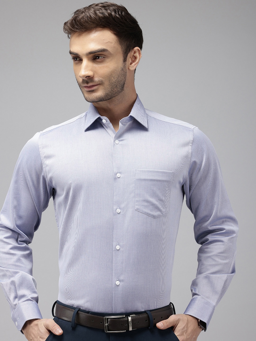 

Van Heusen Pure Cotton Self Design Custom Fit Textured Formal Shirt, Blue