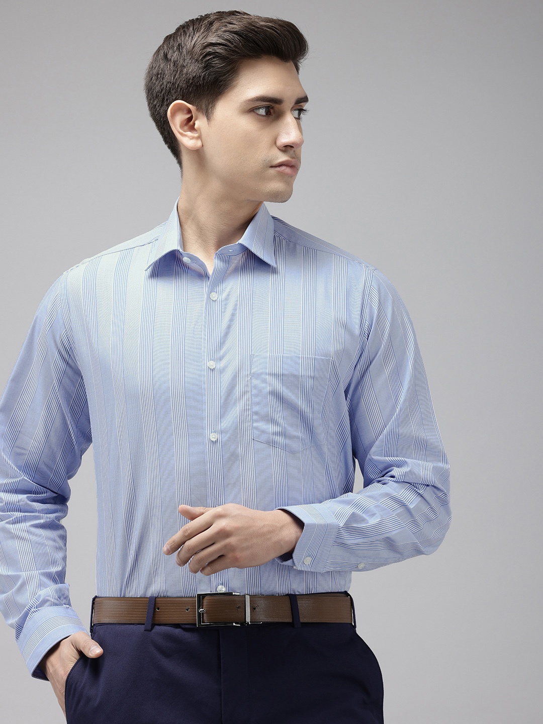 

Van Heusen Pure Cotton Custom Fit Opaque Striped Formal Shirt, Blue