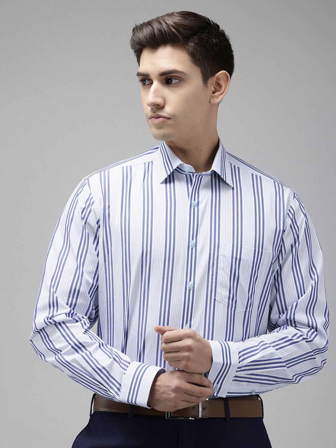 

Van Heusen Pure Cotton Custom Fit Opaque Striped Formal Shirt, Blue