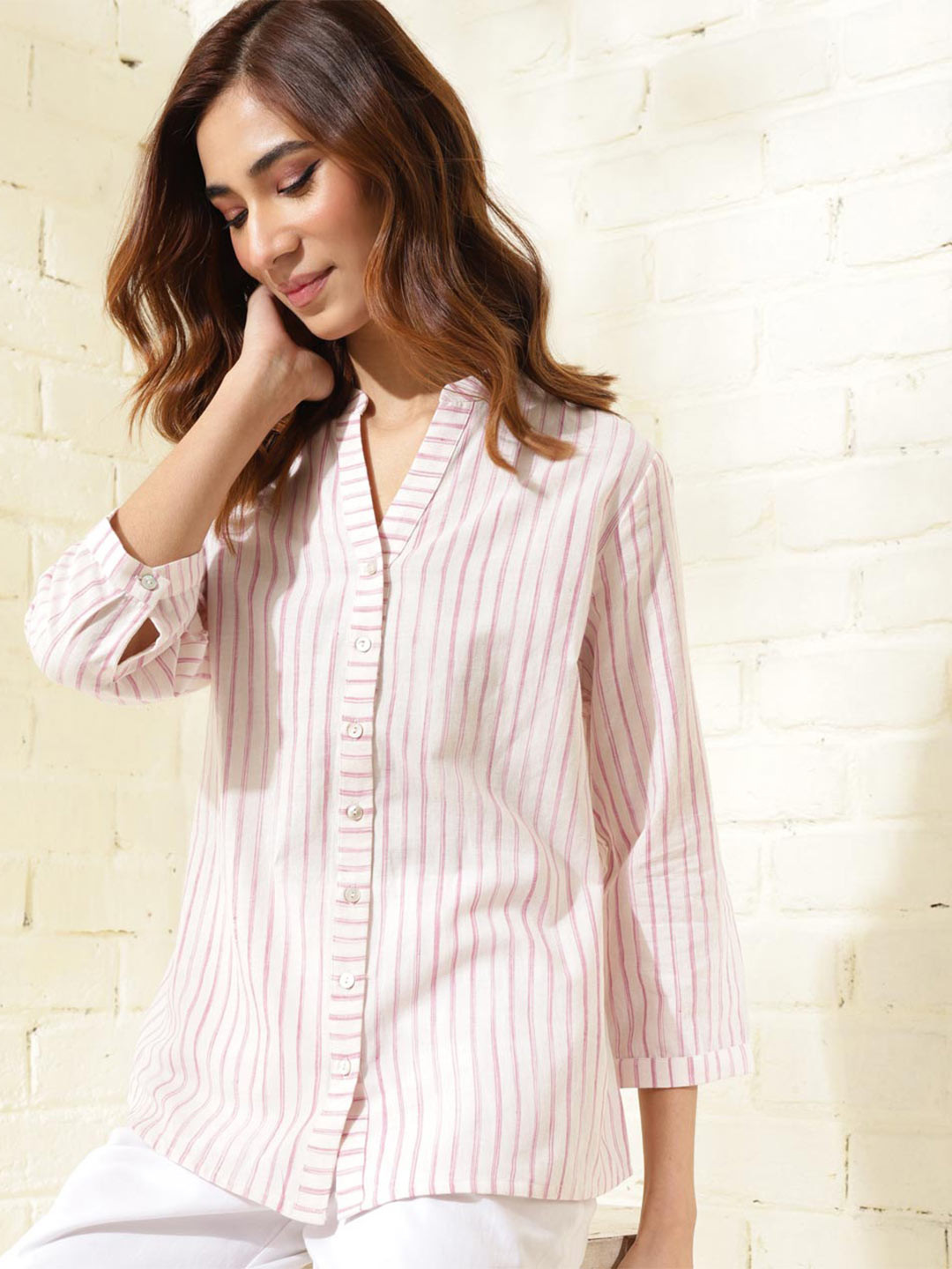 

Fabindia Striped Mandarin Collar Cotton Tunic, White