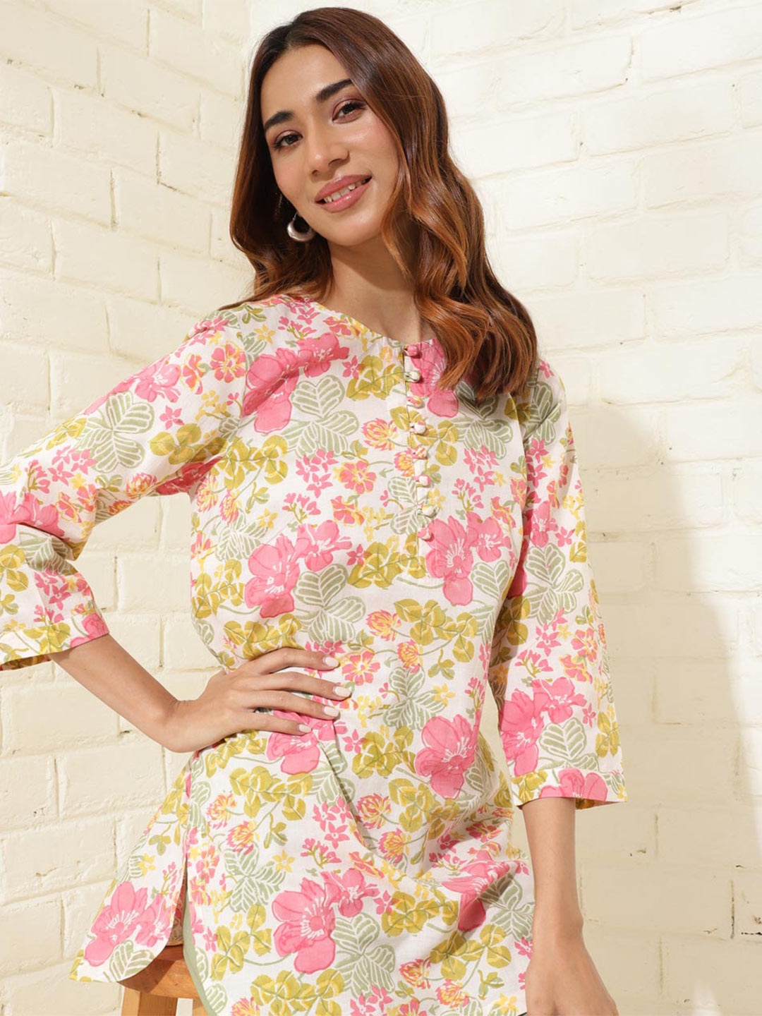 

Fabindia Floral Printed Three-Quarter Sleeves Cotton Tunic, White