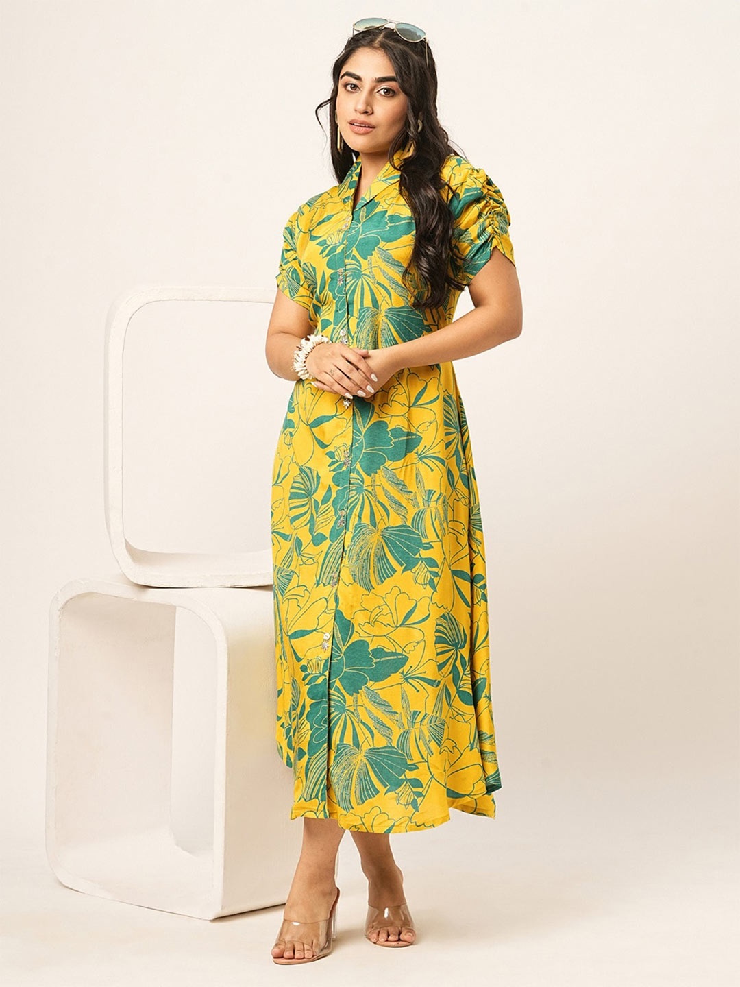 

ODETTE Floral Printed Shirt Collar Cotton A-Line Midi Dress, Yellow
