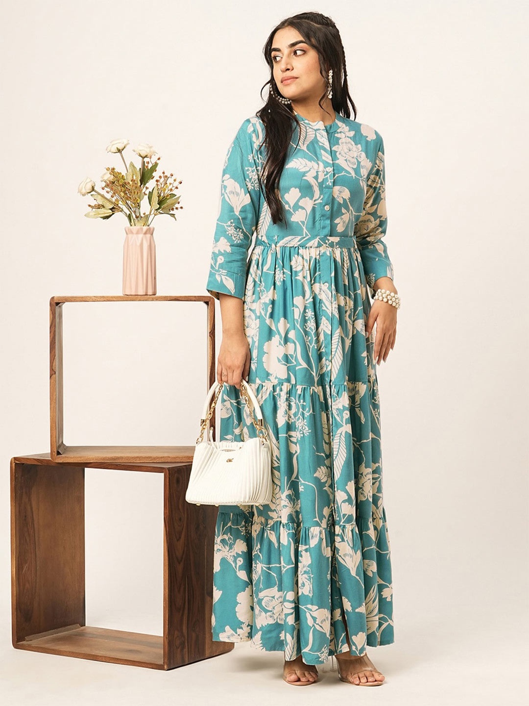 

ODETTE Floral Printed Round Neck Muslin Fit & Flare Maxi Dress, Blue