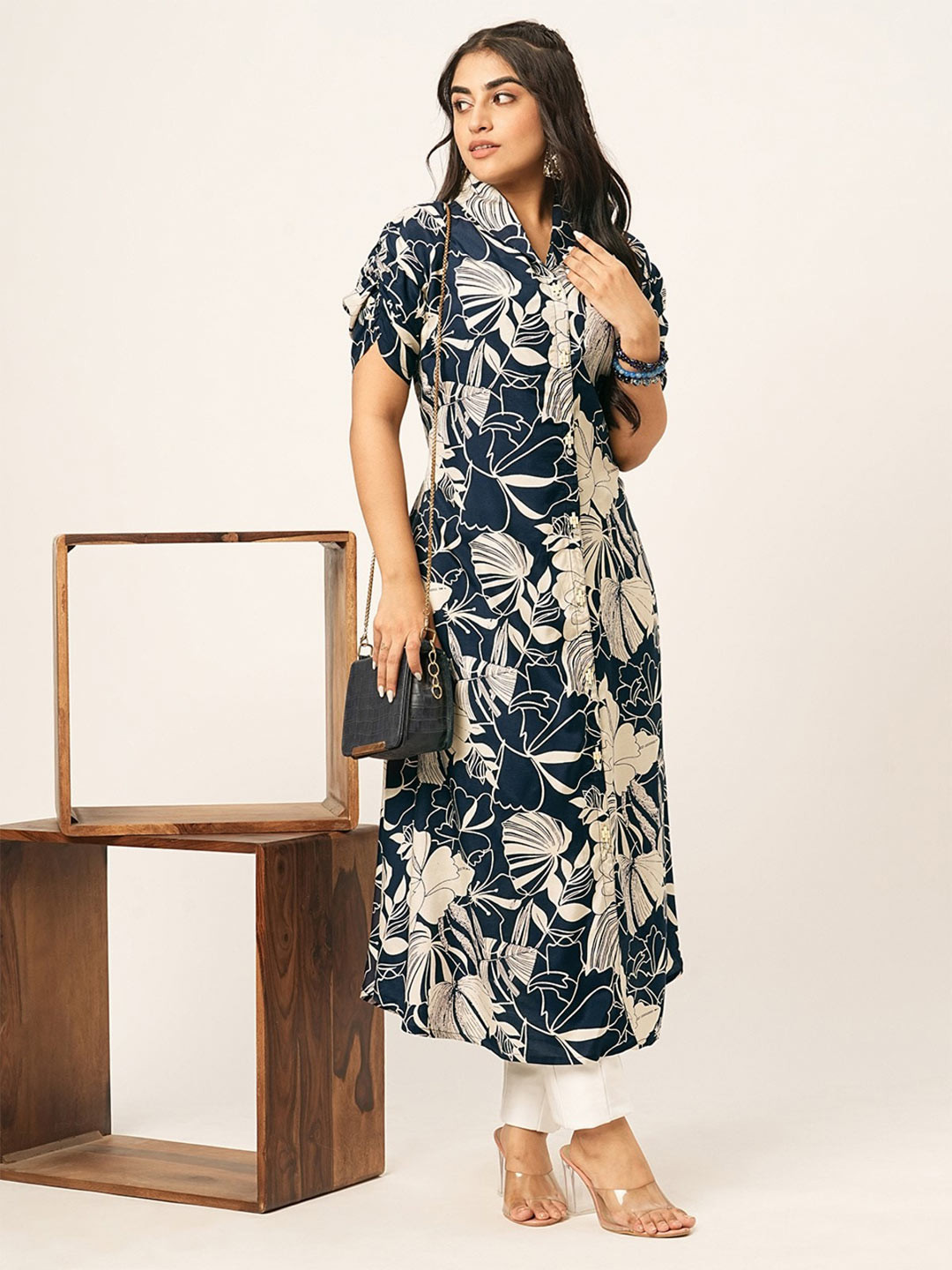 

ODETTE Print Short Sleeves Shirt Collar Linen A-Line Short Dress, Navy blue