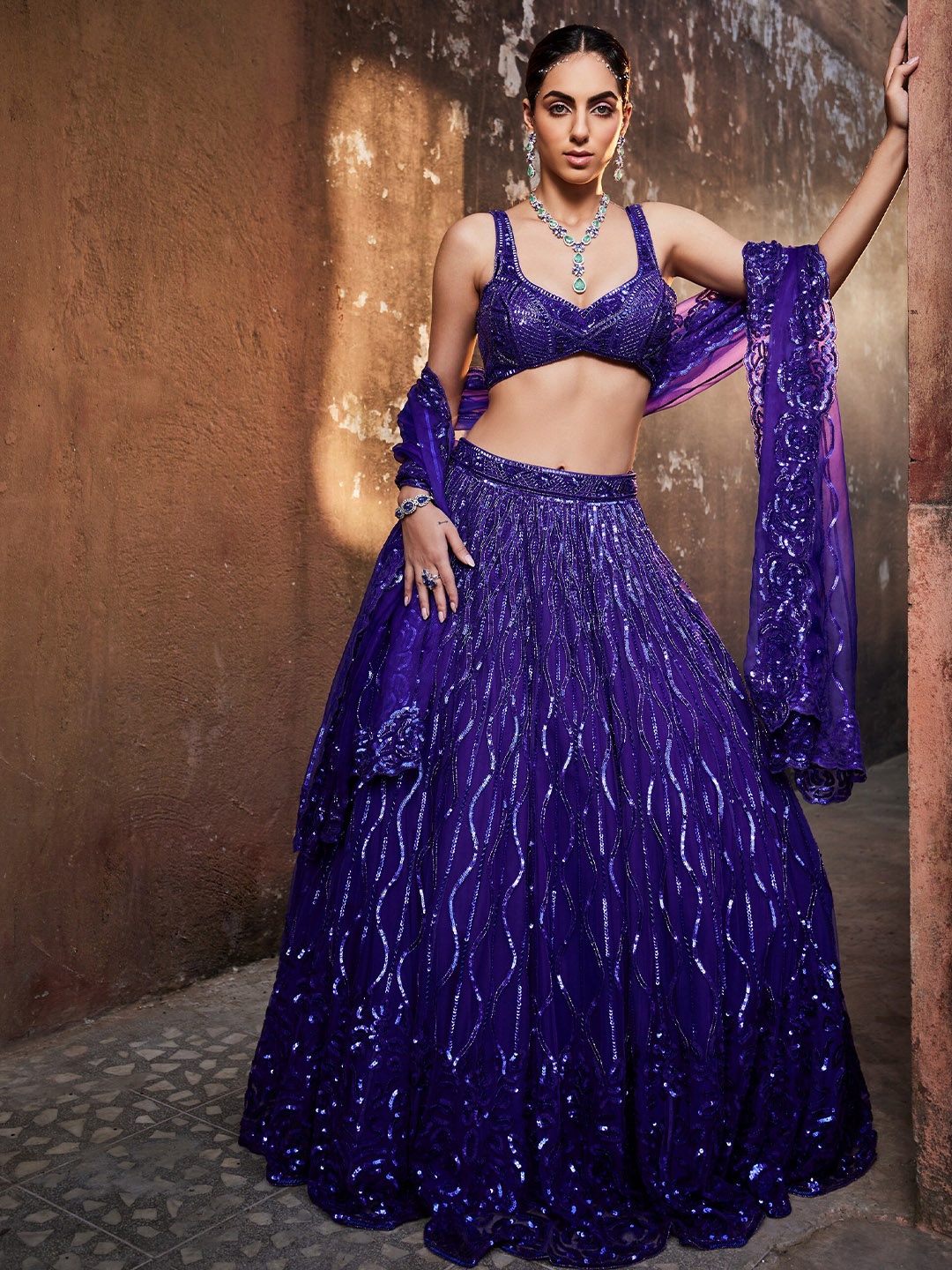 

Mehak Murpana Embellished Sequinned Organza Ready to Wear Lehenga & Blouse With Dupatta, Purple