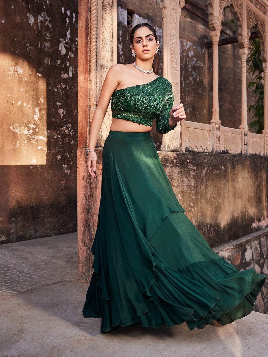 

Mehak Murpana Embellished Beads and Stones Ready to Wear Lehenga With Blouse, Green