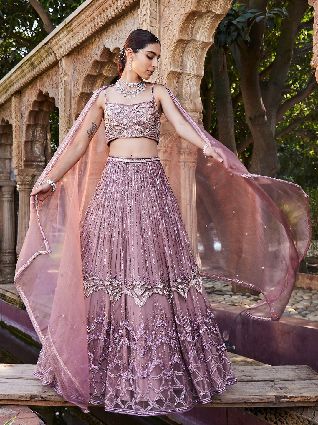 

Mehak Murpana Embellished Beads and Stones Ready to Wear Lehenga & Blouse With Dupatta, Pink