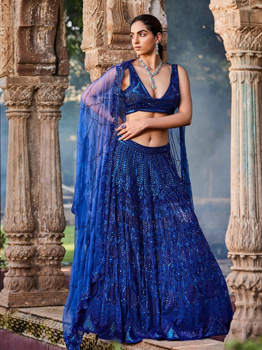 

Mehak Murpana Embellished Beads and Stones Ready to Wear Lehenga & Blouse With Dupatta, Blue