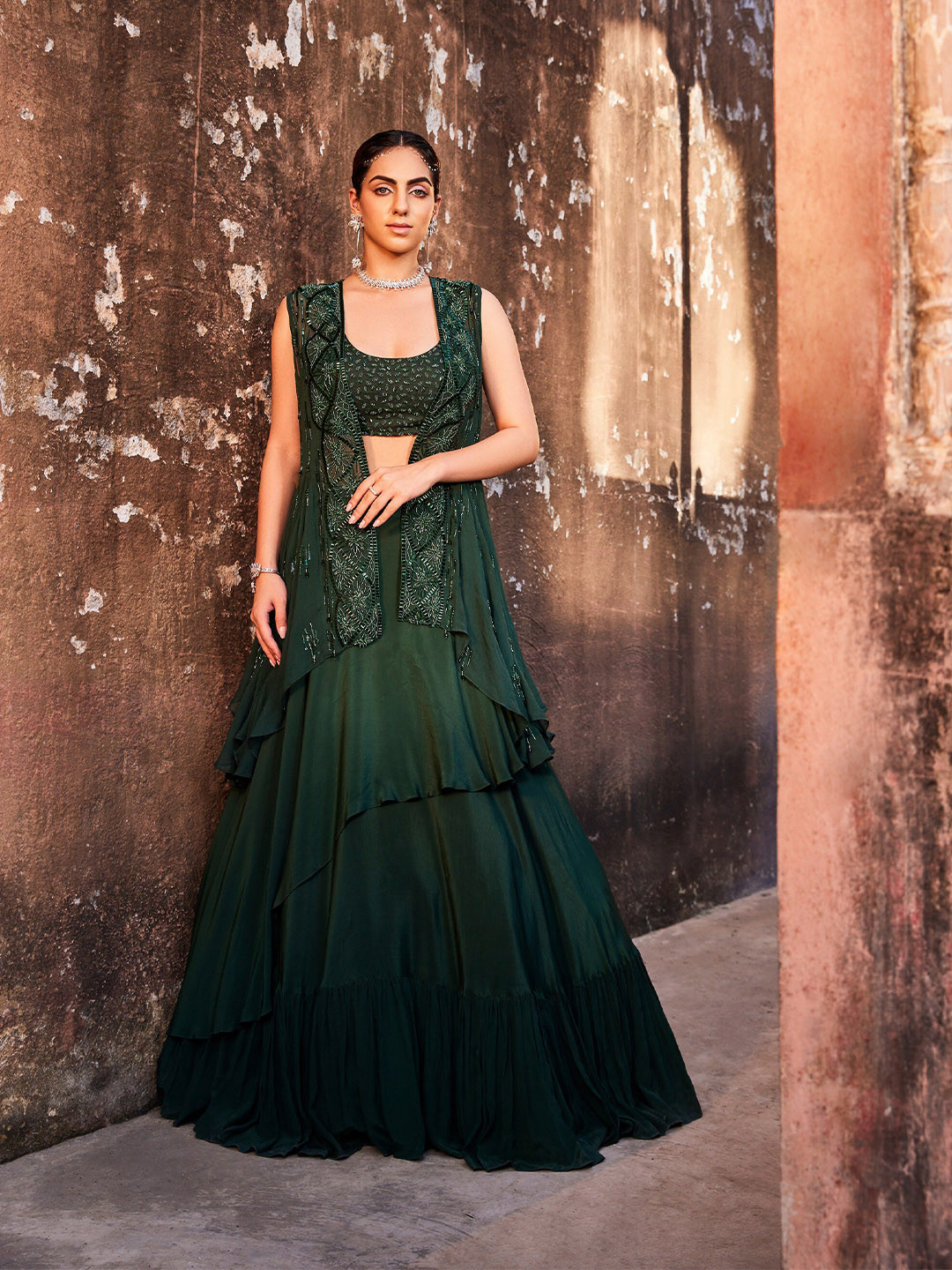 

Mehak Murpana Embroidered Beads and Stones Ready to Wear Lehenga & Blouse With Jacket, Green