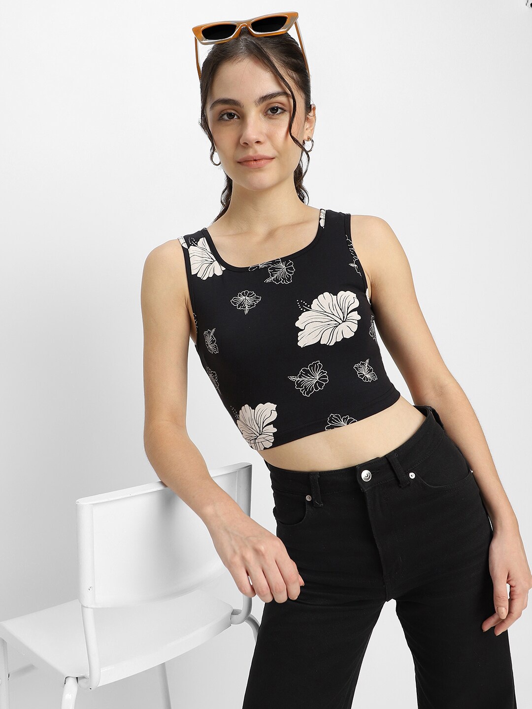 

JUNEBERRY Floral Print Cotton Tank Crop Top, Black