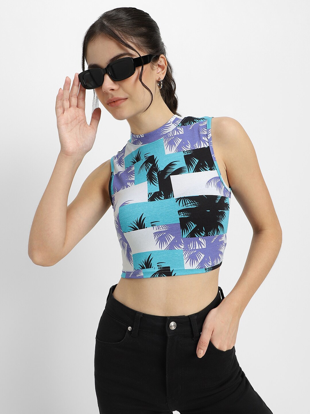 

JUNEBERRY Tropical Print Round Neck Cotton Tank Crop Top, White