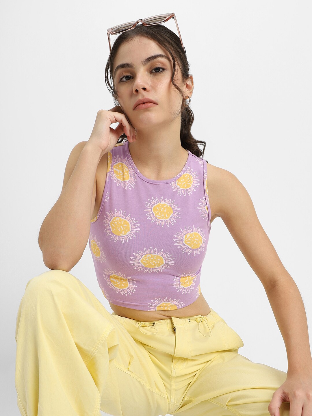 

JUNEBERRY Floral Print Cotton Tank Crop Top, Purple
