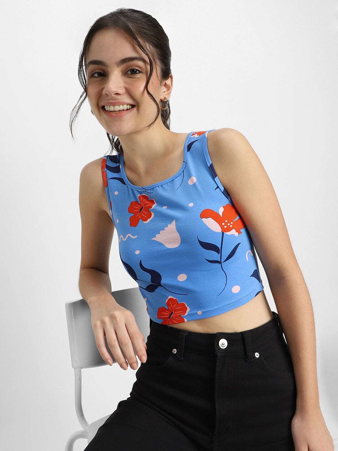 

JUNEBERRY Floral Printed Square Neck Sleeveless Cotton Tank Crop Top, Blue