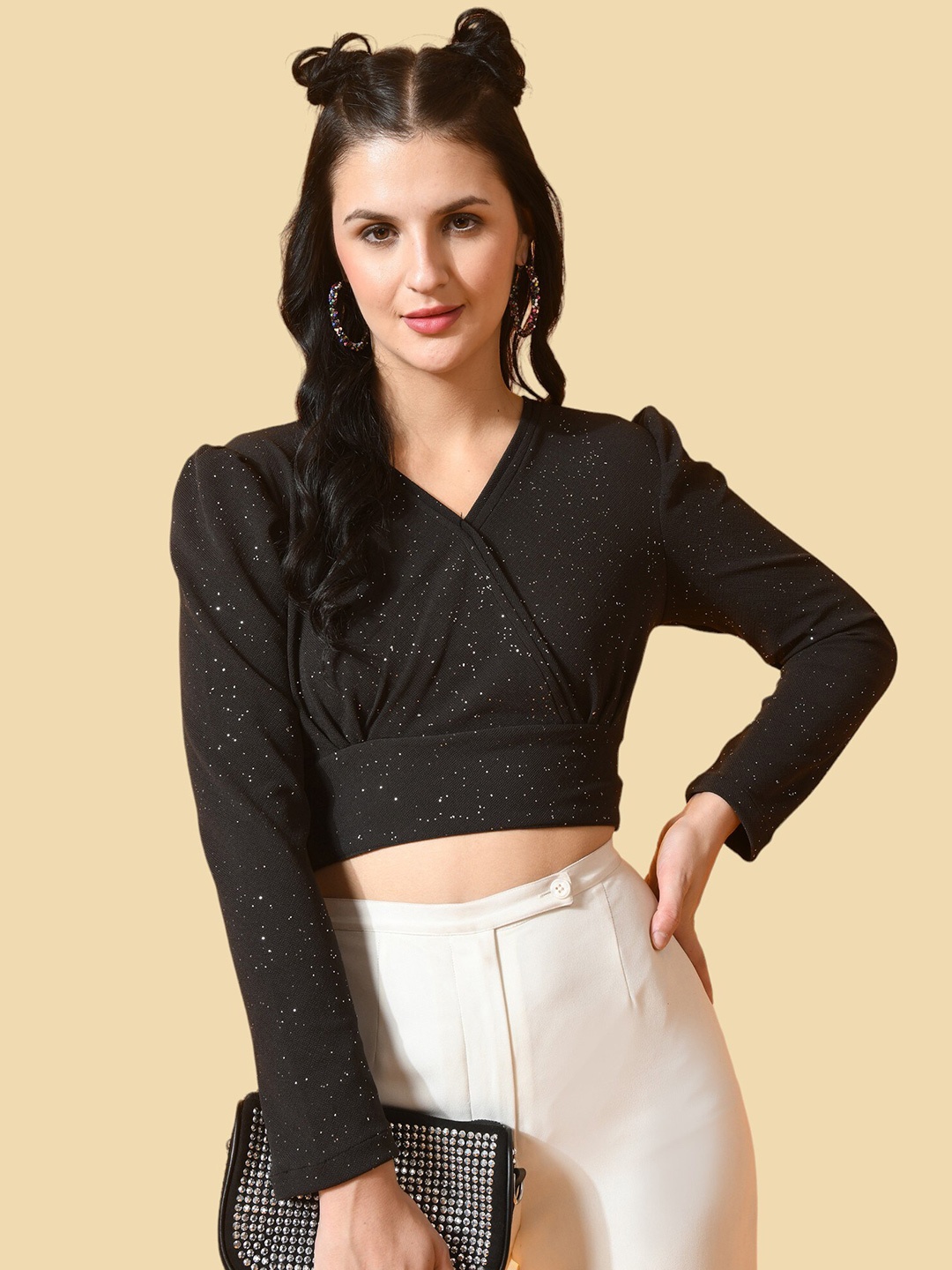 

Moshe V-Neck Long Puff Sleeves Top, Black
