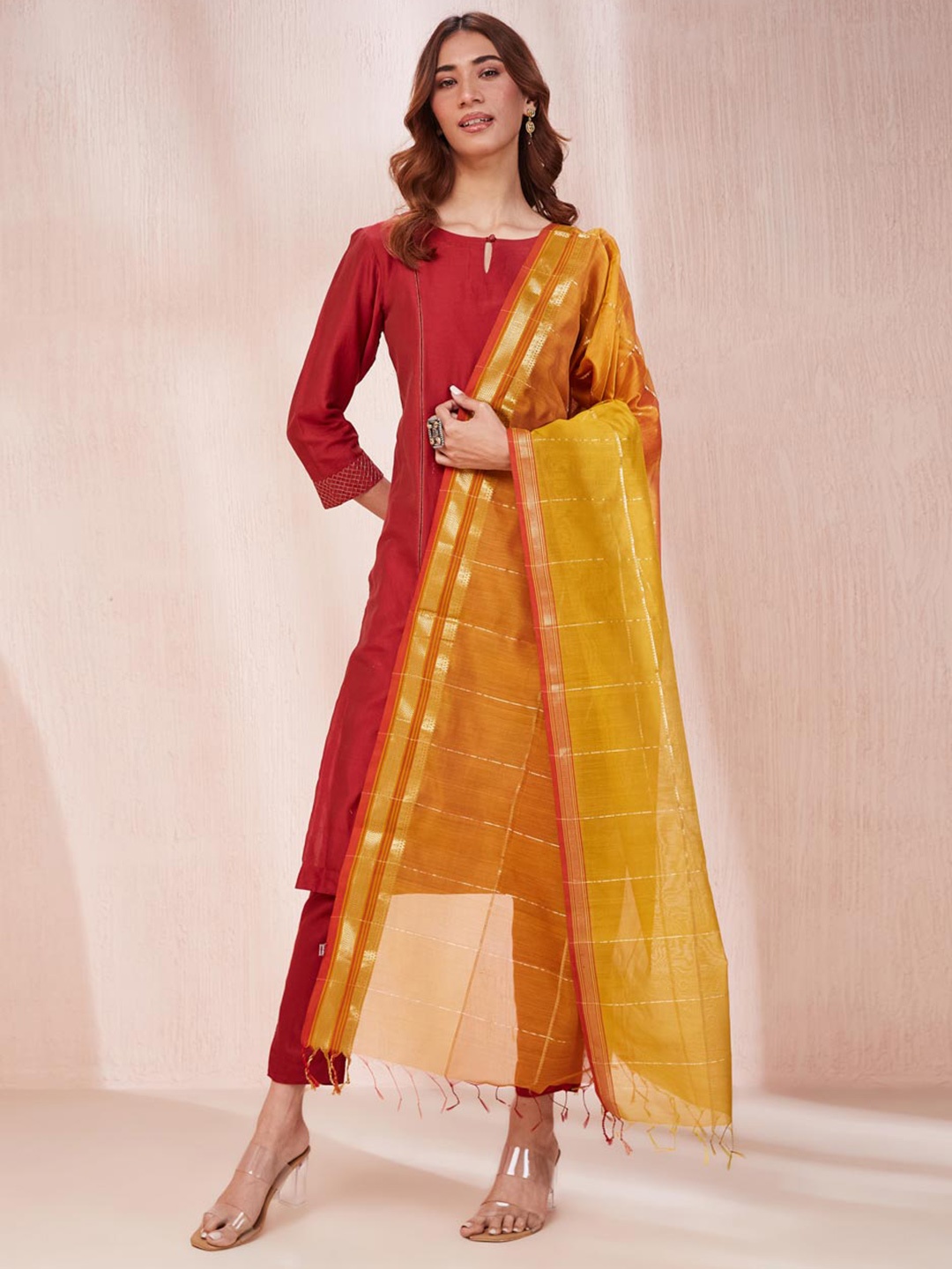 

Fabindia Mustard Cotton Silk Blend Maheshwari Dupatta