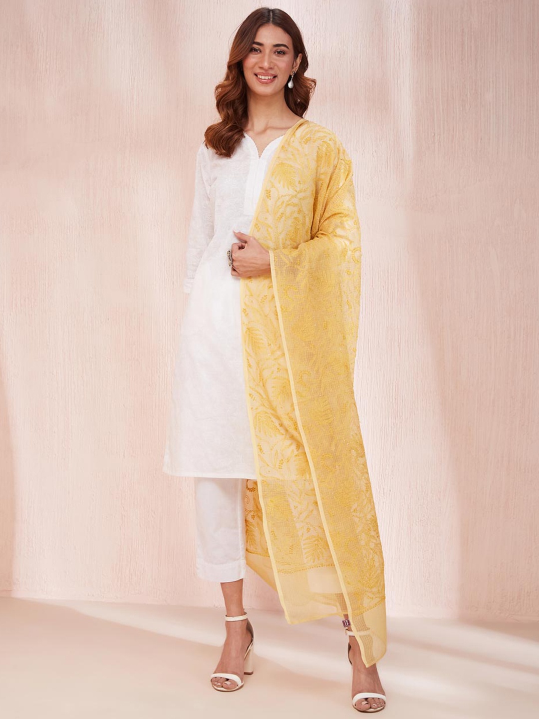 

Fabindia Embroidered Cotton Silk Dupatta with Chikankari, Yellow